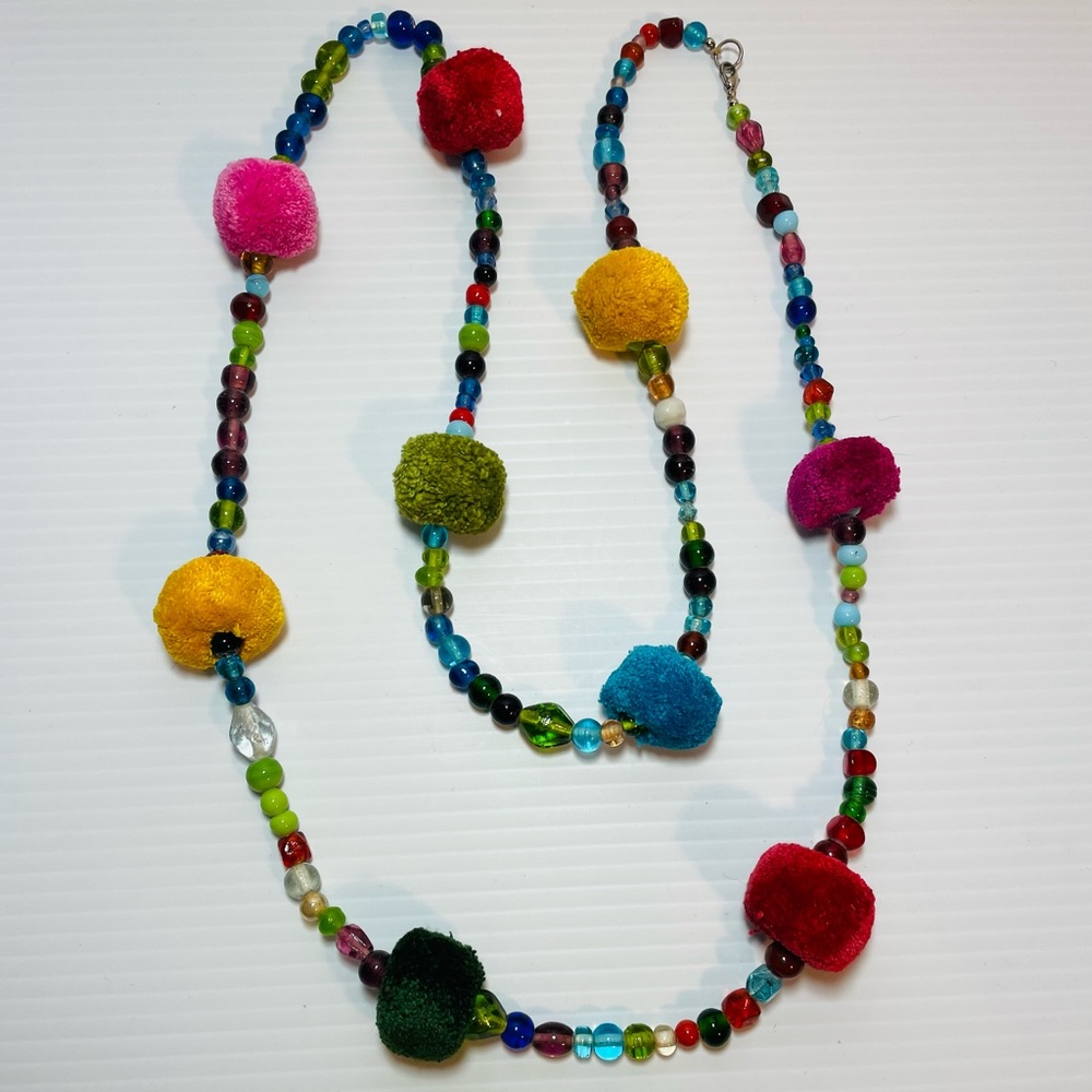 Pom Pom yarn & Bead Necklace, Multi Color, Bohemian, Festival, Art to wear